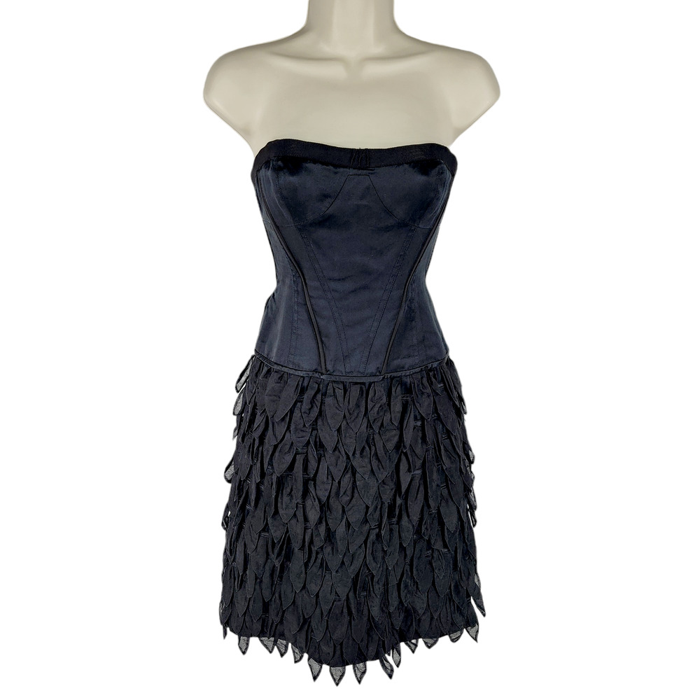 BCBGMaxazria‎ Runway Silk Corset Feather Dress 2 Women Black Tier Sleeveless LBD